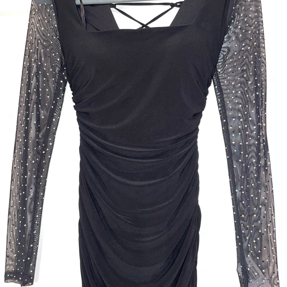 City Studio Black Long Sleeve Evening Gown with Sheer Sparkle Sleeves